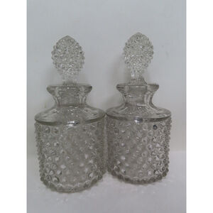 2 EAPG Flint Clear Glass Hobnail Toilette Bottle Pointed Stopper Antique 1880s